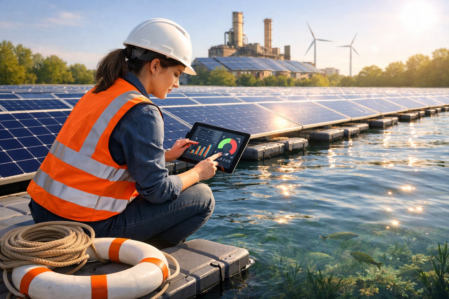 Engenheira com colete e capacete analisa dados energéticos em painéis solares flutuantes sobre água.