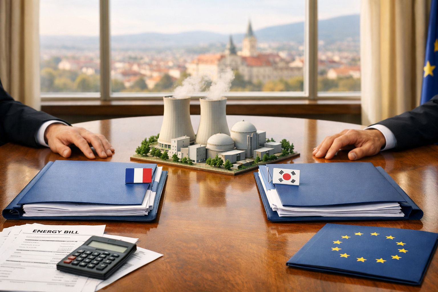 Mesa de negociação com maquete de central nuclear, pastas com bandeiras da França e Coreia do Sul e documentos de contas de e