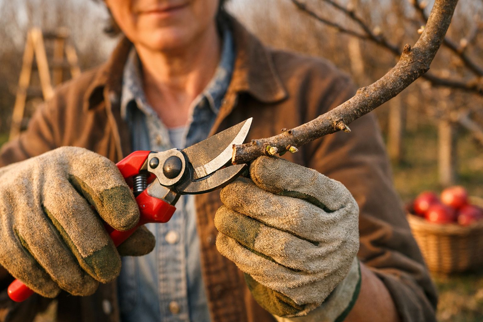 Pessoa com luvas a podar ramo seco numa árvore, cesto com maçãs ao fundo desfocado.