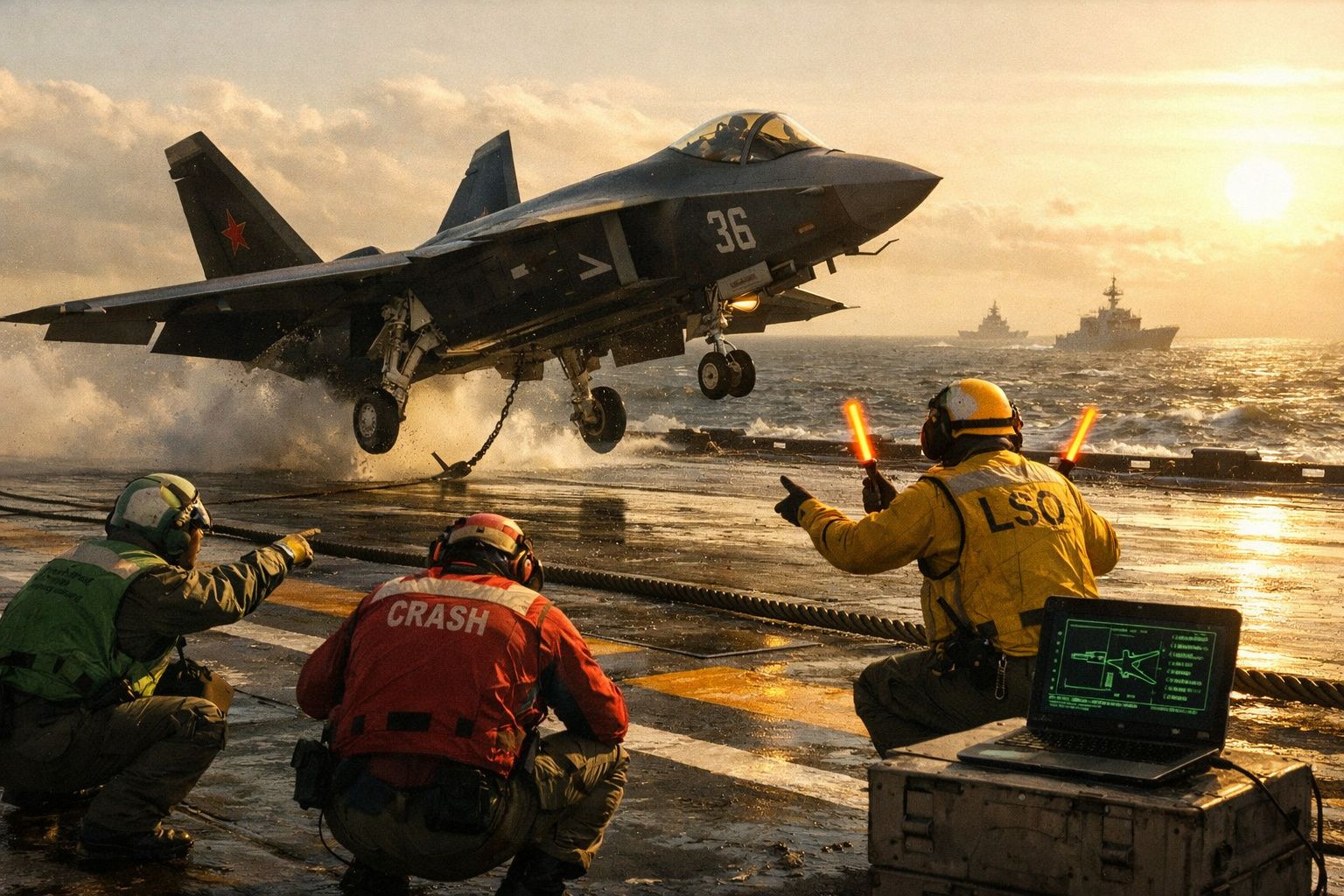 Caça militar a descolar de porta-aviões com tripulação no convés durante o pôr do sol.