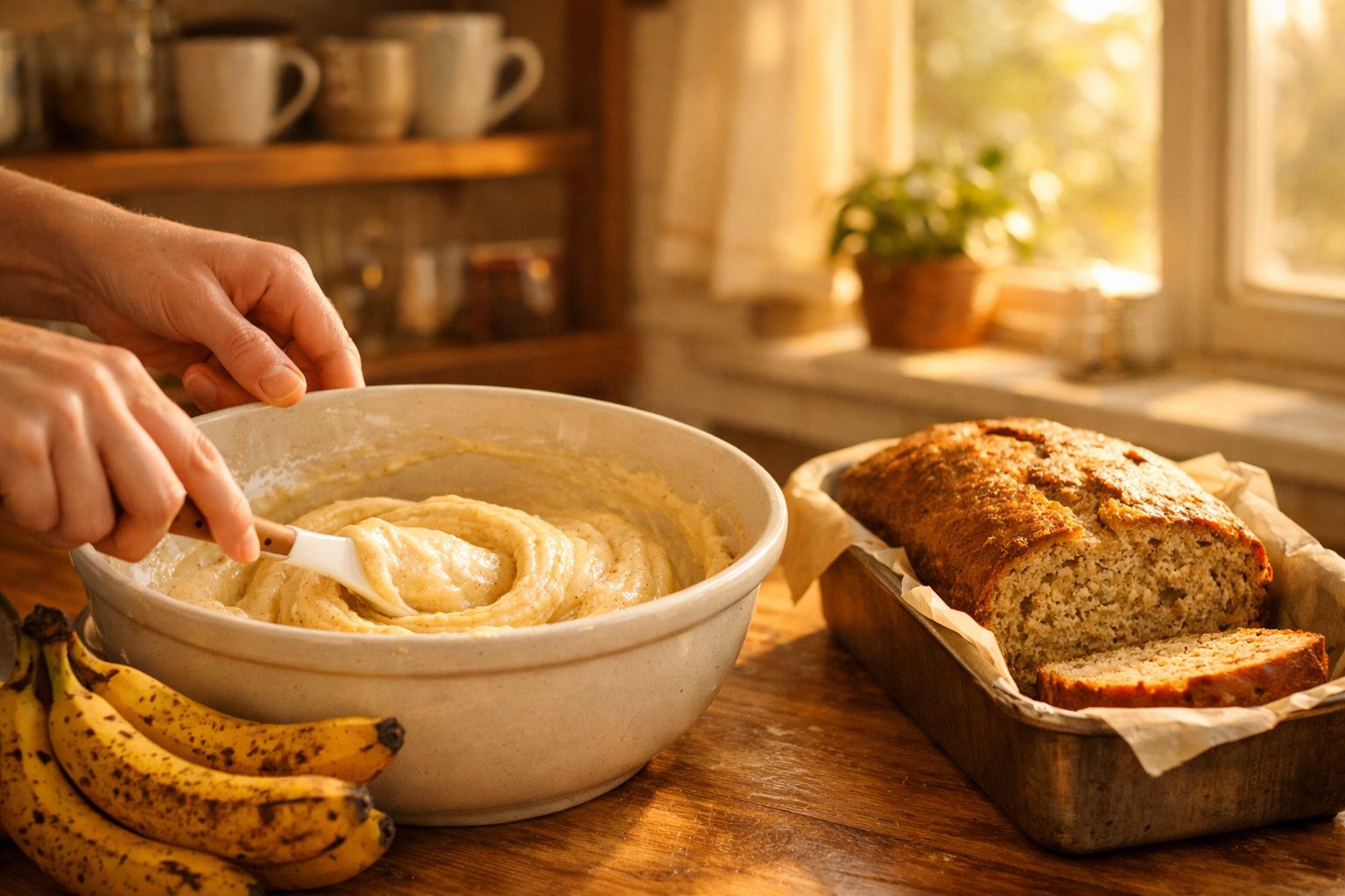 Pessoa a misturar massa numa taça com pão de banana fatiado e bananas maduras numa mesa de madeira.