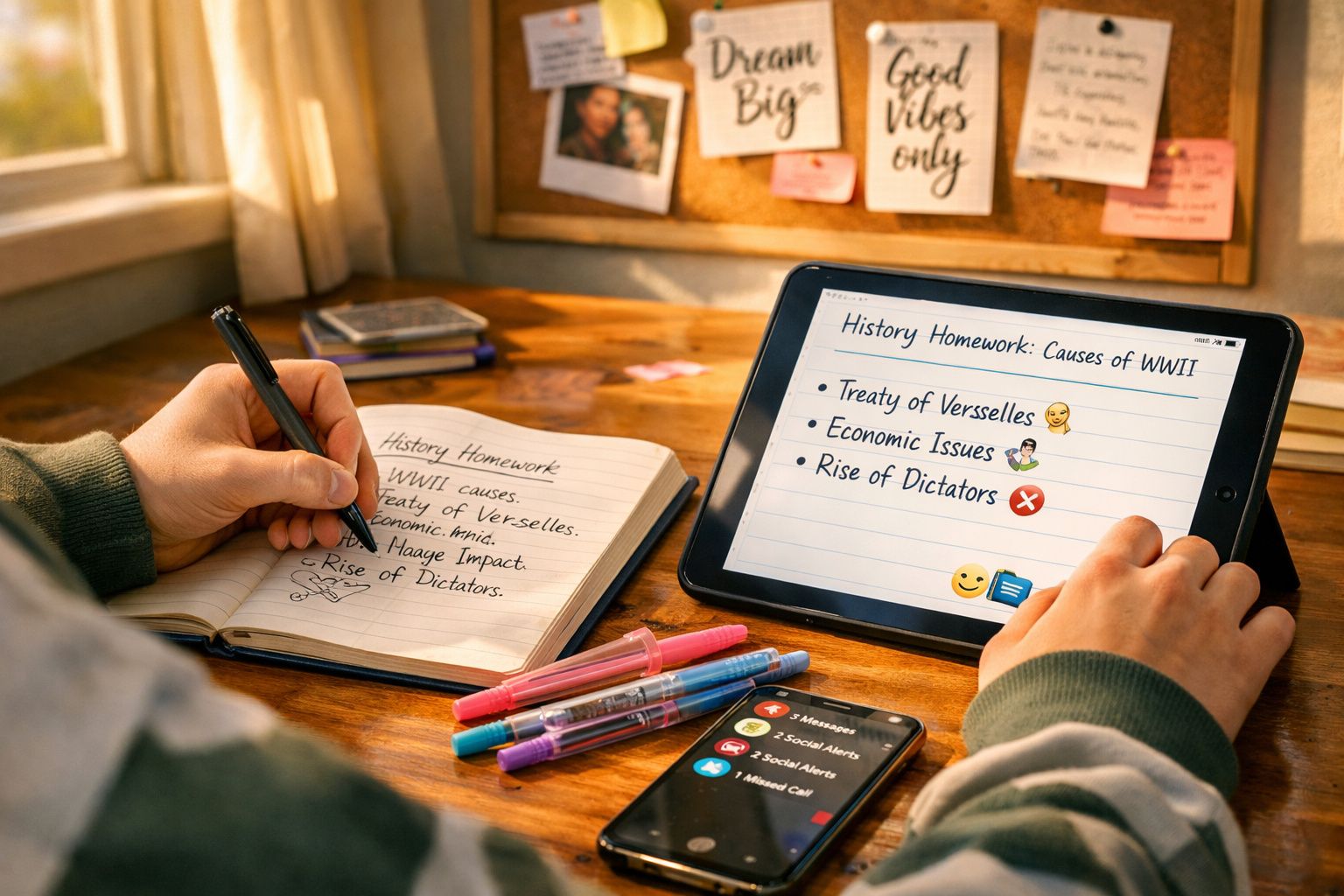 Pessoa a fazer trabalho de história sobre as causas da II Guerra Mundial com caderno, tablet e smartphone numa secretária.