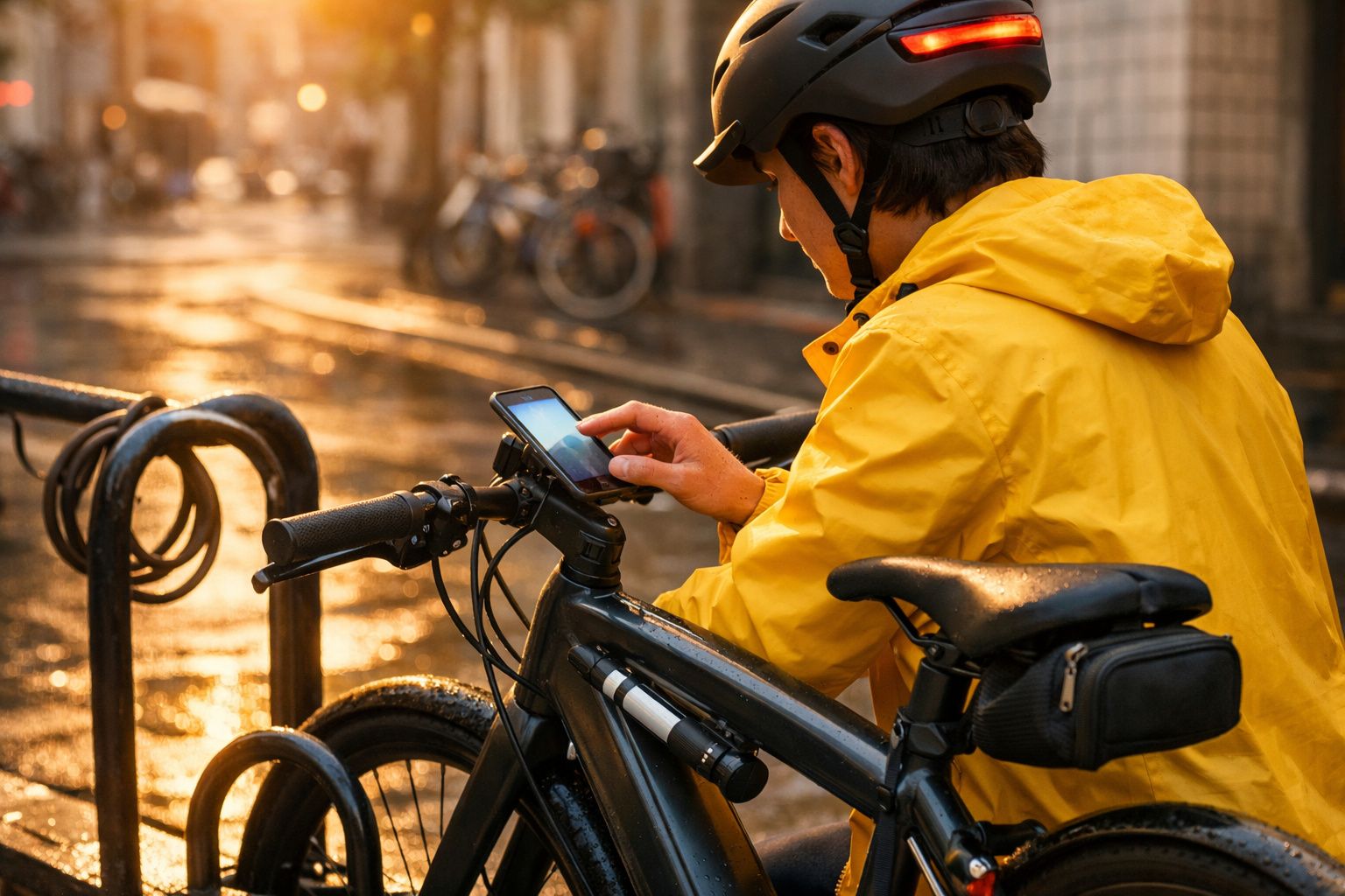 Pessoa com capacete e casaco amarelo usa telemóvel junto a bicicleta preta num passeio urbano ao pôr do sol.