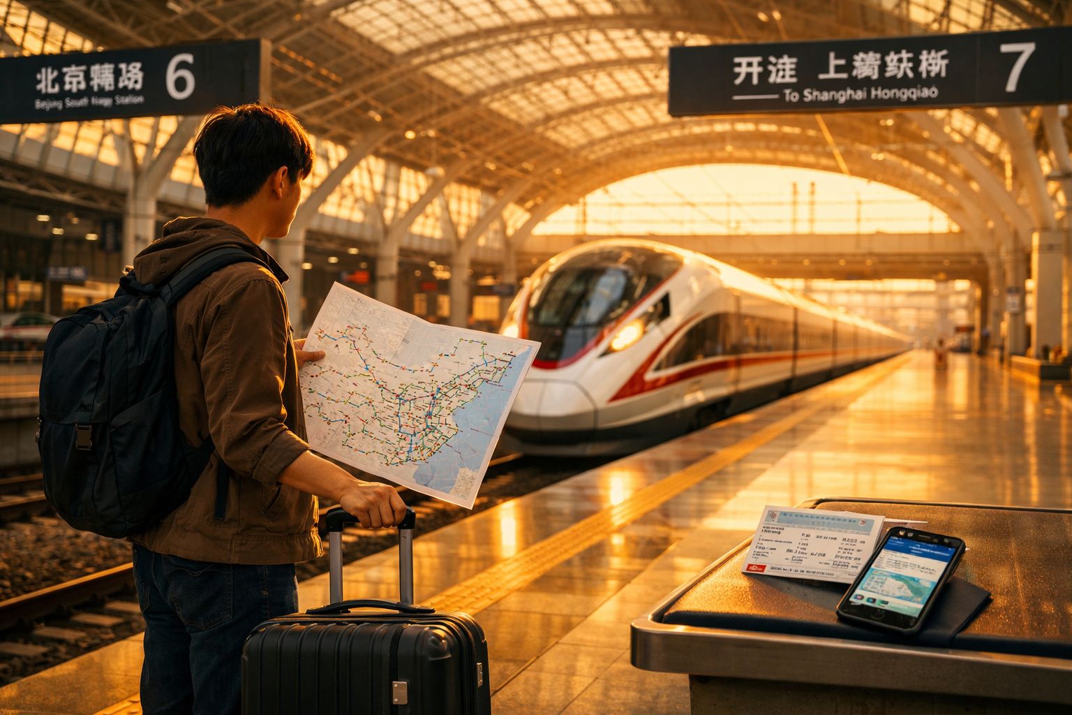 Passageiro com mochila e mala a consultar mapa numa estação, com comboio rápido ao fundo.