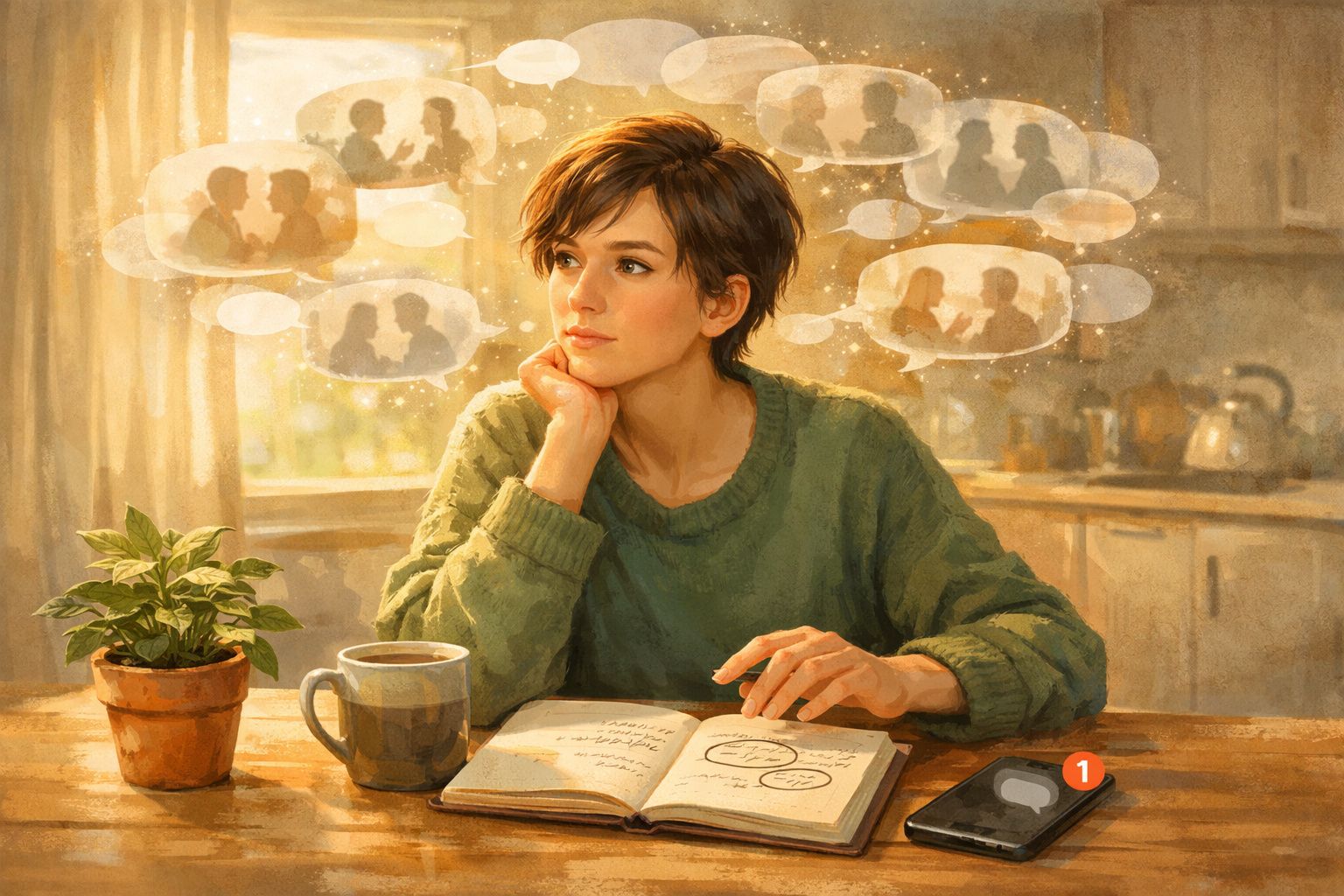 Mulher pensativa sentada à mesa com livro aberto, chá e telemóvel, rodeada de pensamentos ilustrados em balões.