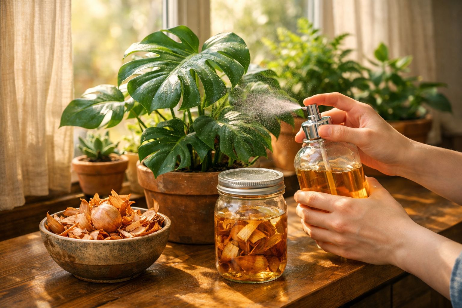 Mãos pulverizam essência num difusor de vidro perto de plantas em vaso e potes numa mesa de madeira iluminada.