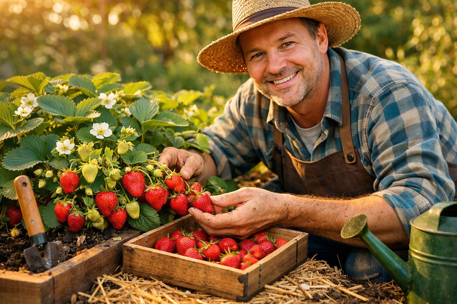 Homem sorridente a colher morangos maduros numa plantação, com regador e enxada ao lado.