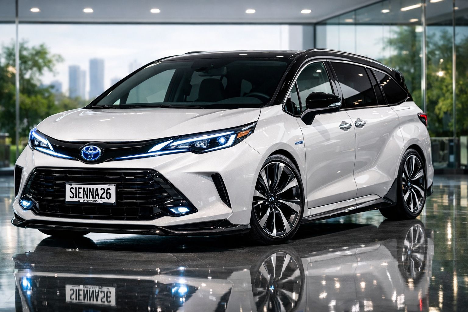 Carro familiar Toyota Sienna branco com teto preto estacionado em pavimento refletor em ambiente urbano.