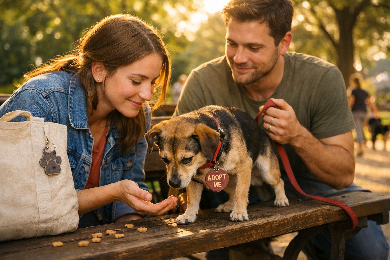 Casal alimenta e observa cão pequeno com coleira e placa "adopt me" num banco de parque ao pôr do sol.