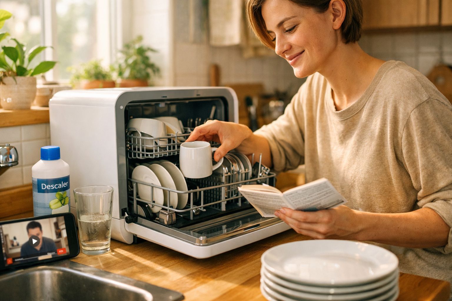 Mulher a colocar chávenas na máquina de lavar loiça compacta na cozinha, com instruções na mão.