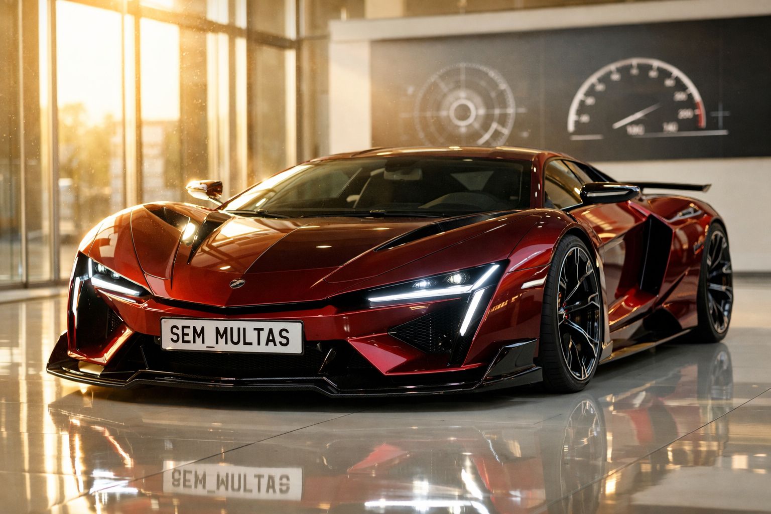 Carro desportivo vermelho brilhante com faróis iluminados e matrícula "SEM MULTAS" em salão moderno.