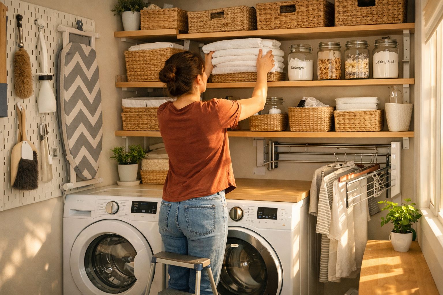 Mulher a organizar toalhas brancas num armário arrumado numa lavandaria com máquinas e cestos de vime.