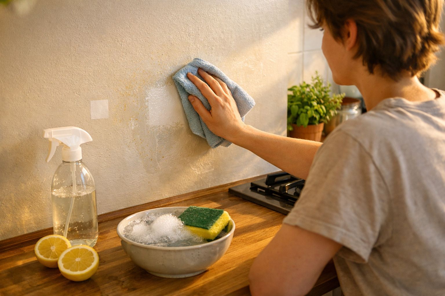 Pessoa a limpar parede da cozinha com pano azul, ao lado de tacho com esponja, spray e limão cortado.