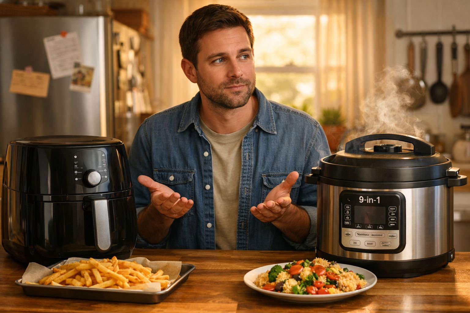 Homem na cozinha com ar perplexo entre fritadeira elétrica e panela de pressão multifunções, com comida na mesa.