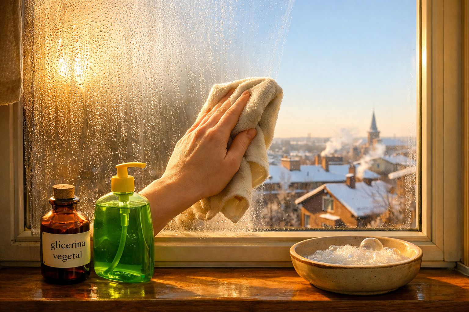 Mão a limpar janela com pano, spray e garrafa de glicerina vegetal ao lado, vista de cidade nevada ao fundo.