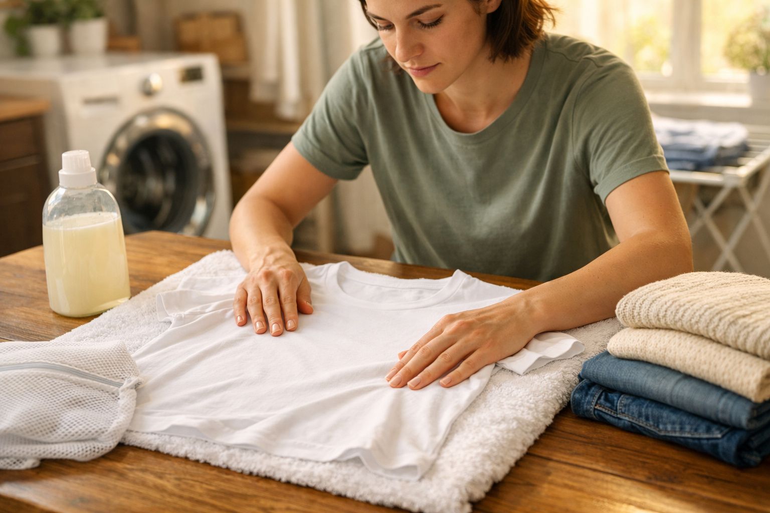 Pessoa a passar a mão numa t-shirt branca recém lavada, com máquina de lavar e roupa dobrada ao lado.