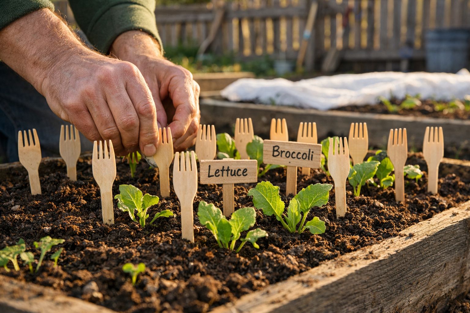 Mãos a plantar marcadores de madeira em canteiro com alface e brócolos em hortas ao ar livre.