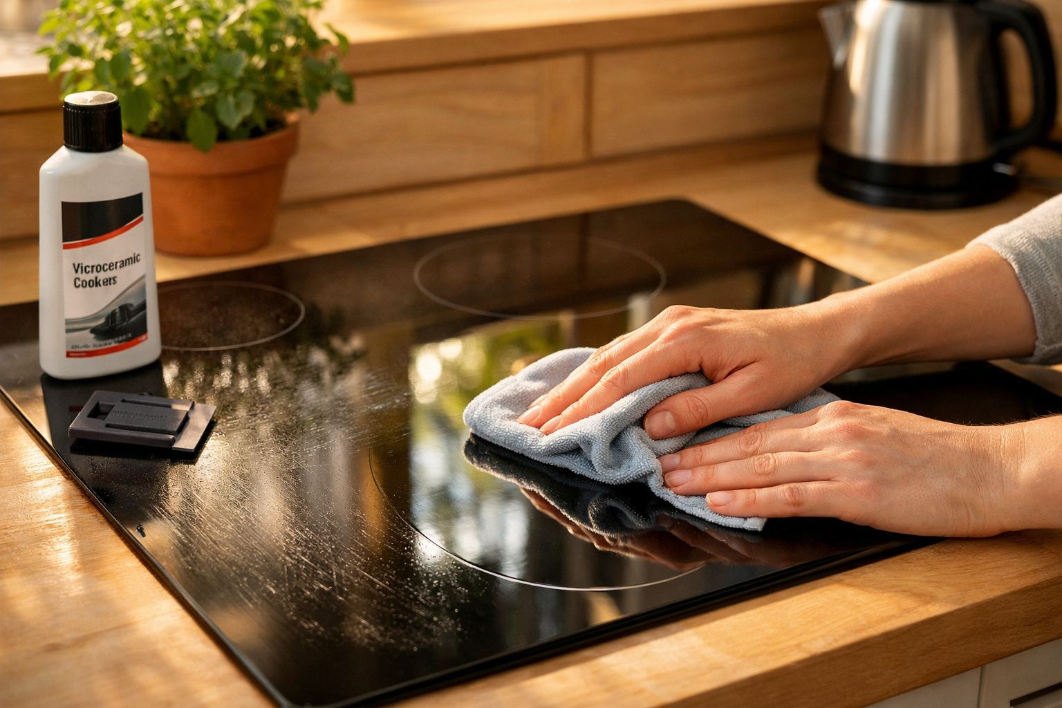 Mãos a limpar placa de fogão vitrocerâmica preta com pano azul, junto a produto de limpeza e planta.