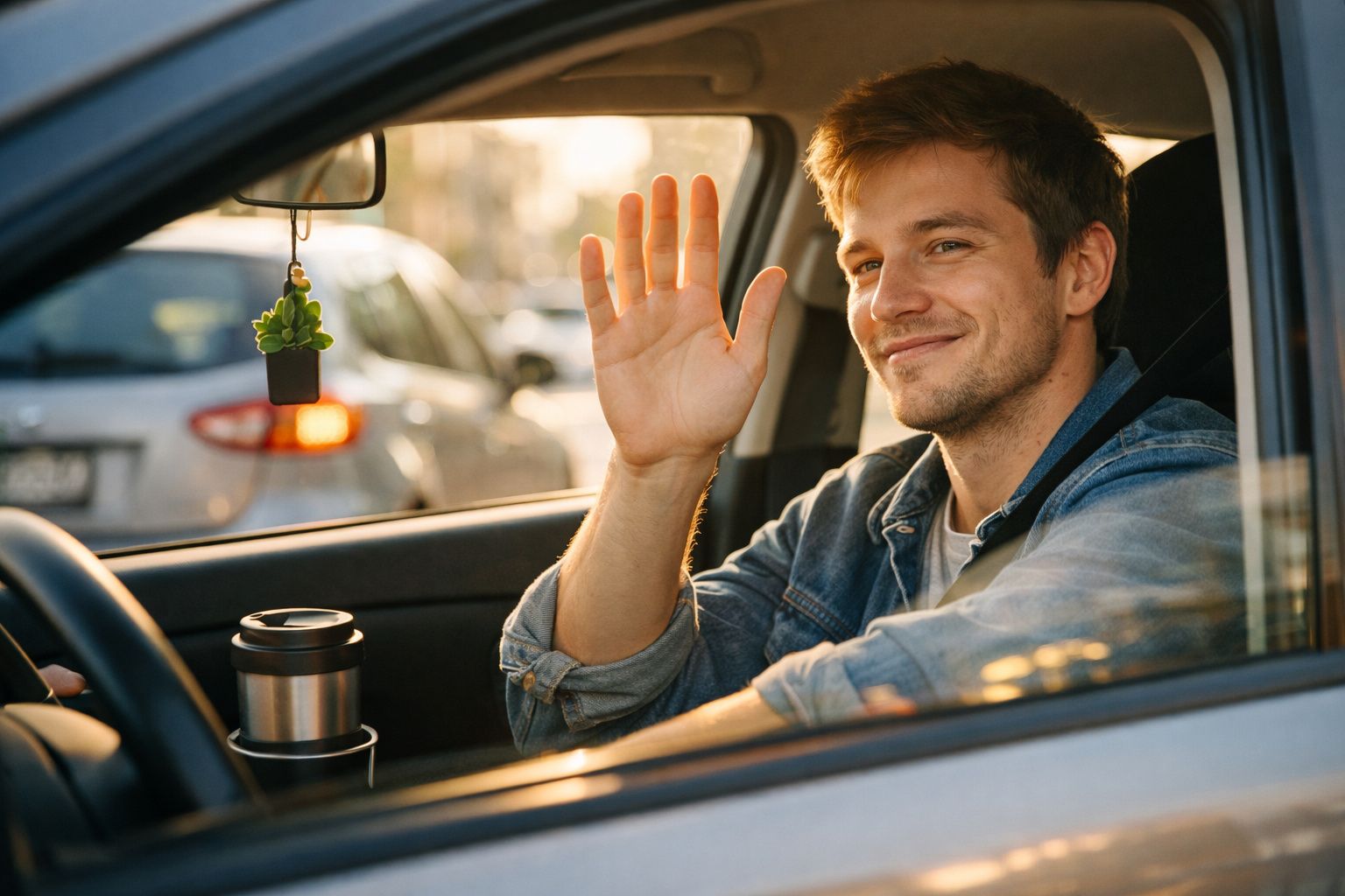 Homem sorridente dentro de carro acena com a mão pela janela aberta ao pôr do sol.