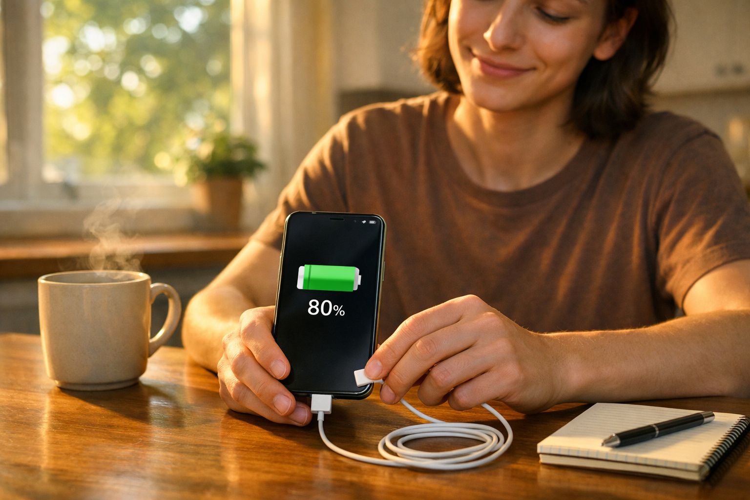 Pessoa a segurar telemóvel a carregar com bateria a 80%, chá quente e bloco de notas numa mesa de madeira.