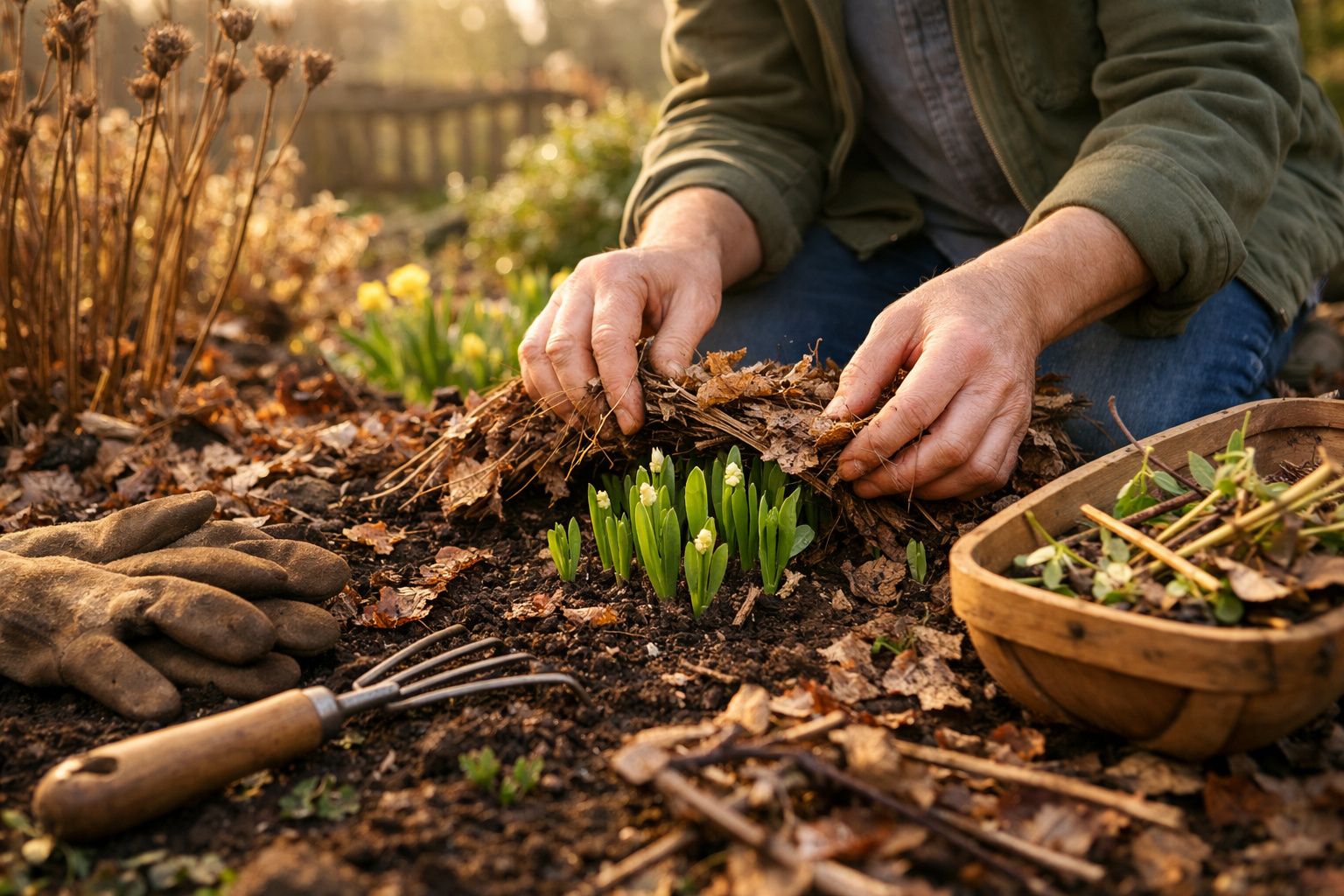 Mãos a cobrir mudas verdes com folha seca num jardim, com ferramentas e luvas ao lado.