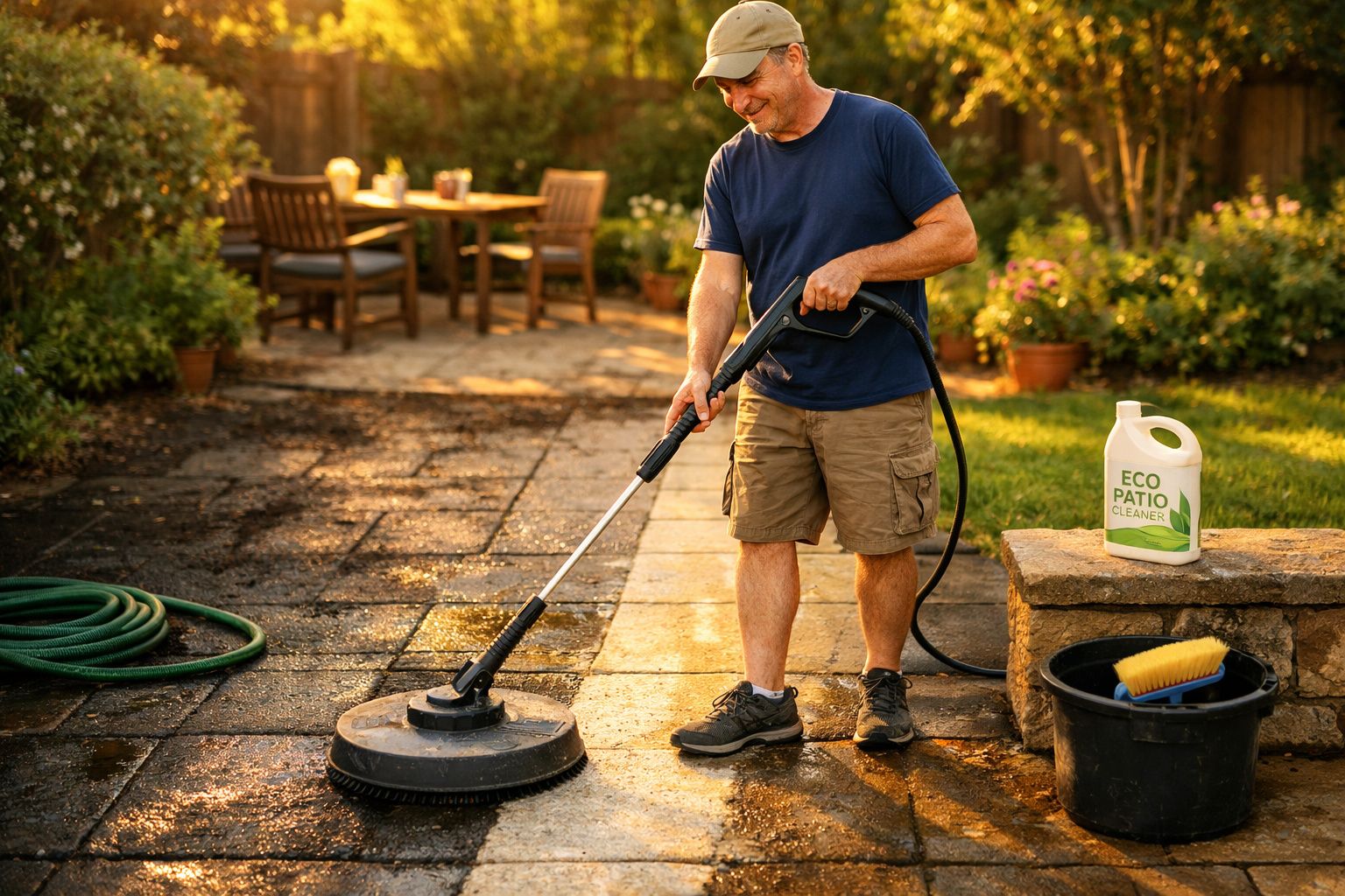 Homem a limpar um pátio de pedra com lavadora de alta pressão ao entardecer, com produtos de limpeza ao lado.