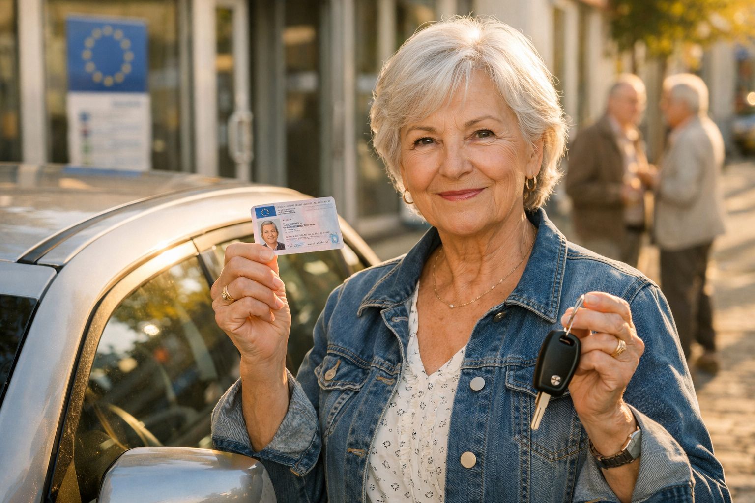 Mulher sénior sorridente segura carta de condução e chave de carro junto a veículo estacionado na rua.