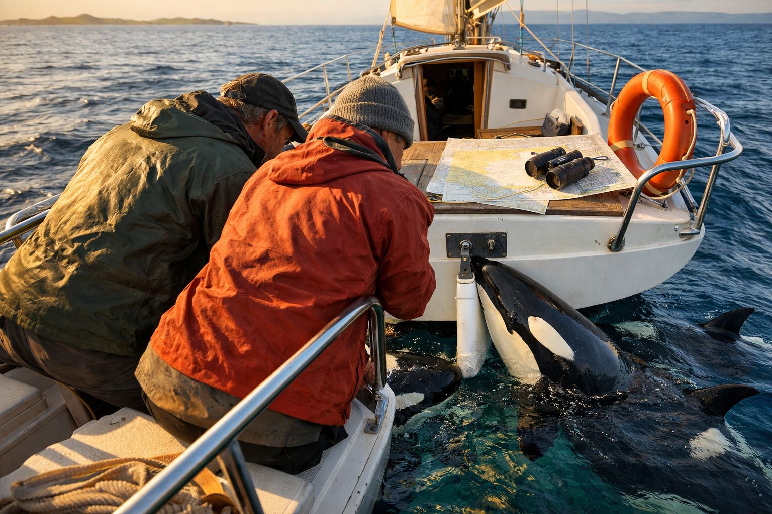 Dois homens observam uma orca perto de um veleiro no mar ao pôr do sol, com mapas e binóculos no convés.