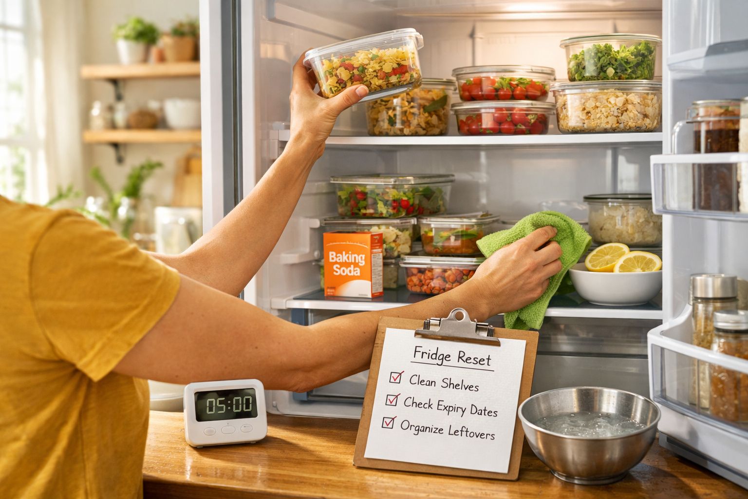 Pessoa a organizar o frigorífico com refeições em recipientes transparentes e lista de tarefas em português.