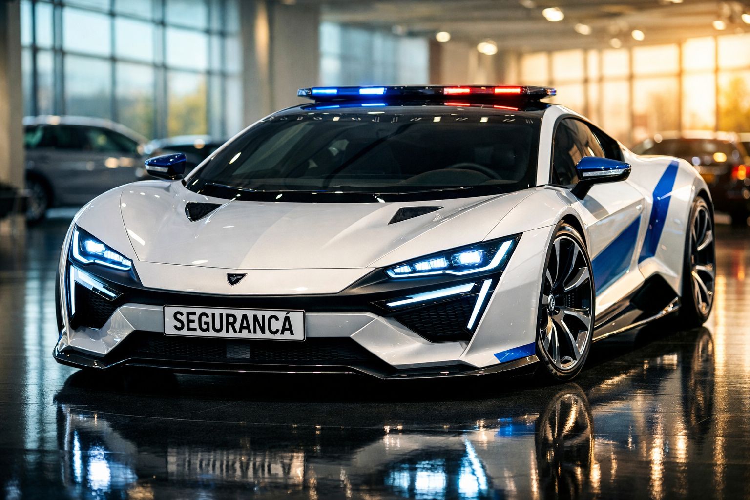 Carro de polícia desportivo branco com luzes azuis e vermelhas ligado no teto, com a placa "SEGURANÇA".