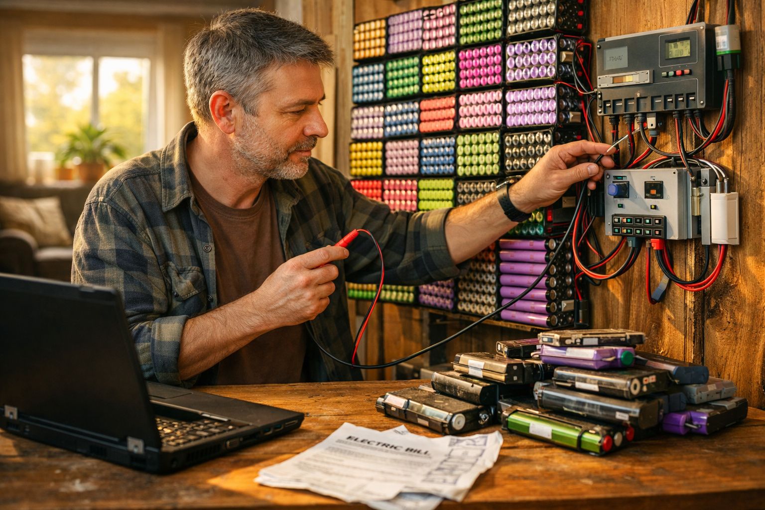 Homem a testar e reparar baterias recarregáveis com equipamento eletrónico numa bancada de trabalho.