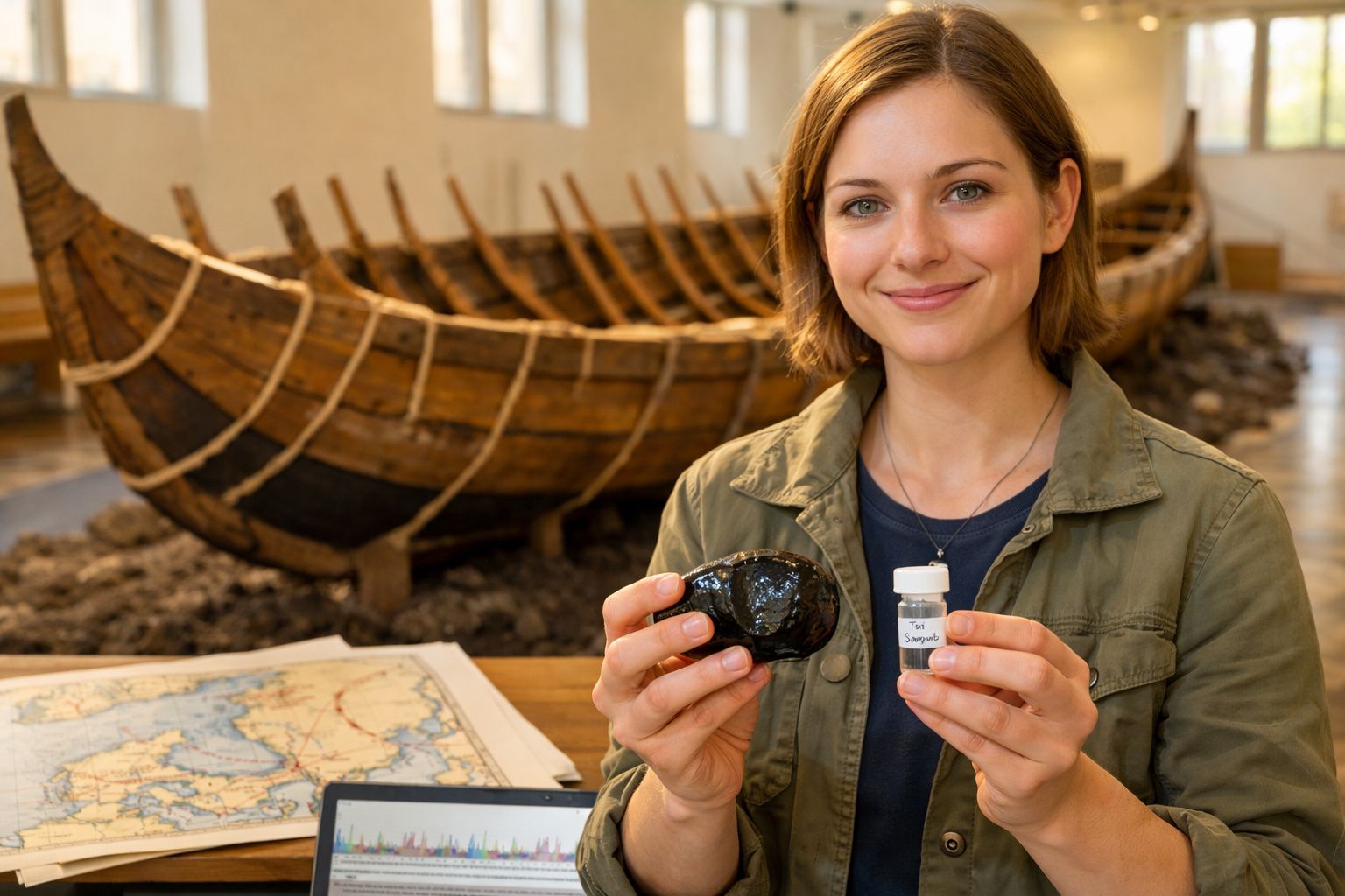 Mulher em museu arqueológico segura fragmentos antigos com barco viking ao fundo.