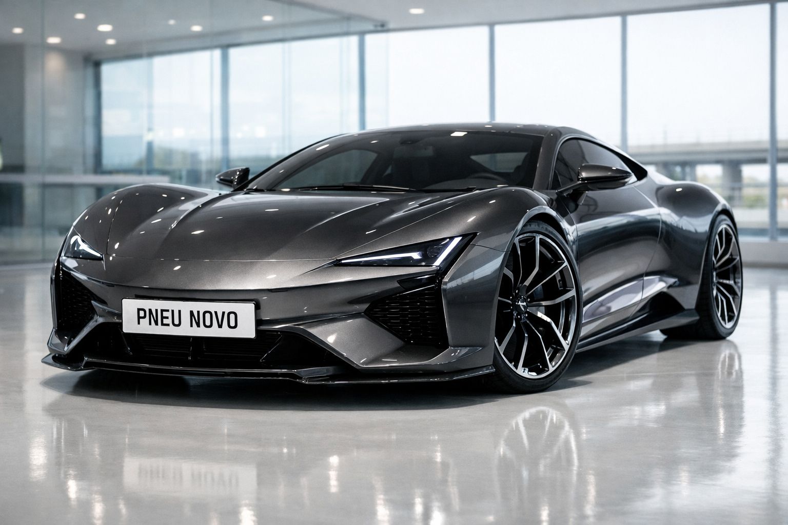 Carro desportivo cinza metálico estacionado num showroom moderno com placa "PNEU NOVO".