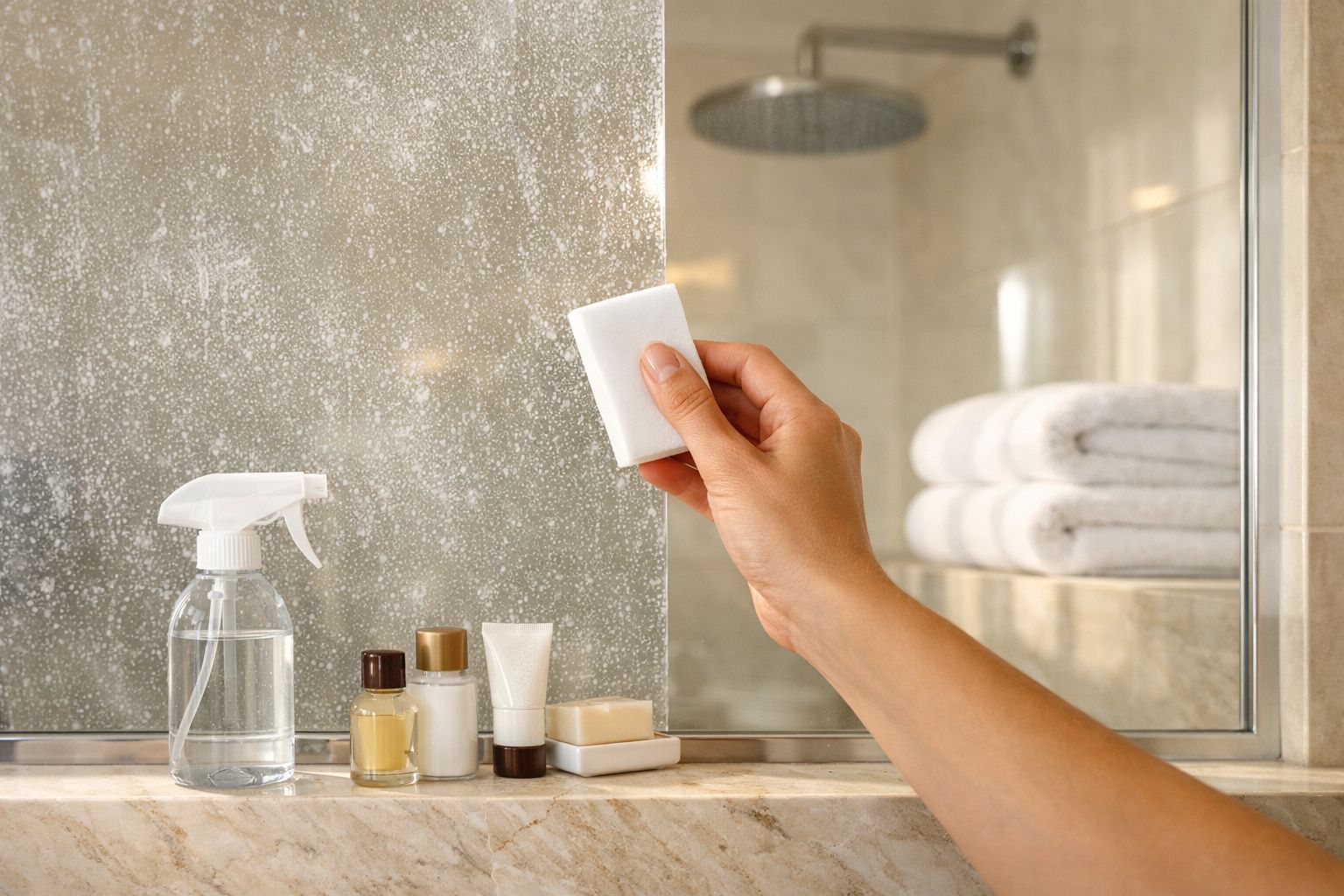 Mão a limpar um espelho embaciado na casa de banho com uma esponja, vários frascos de cosméticos sobre a bancada.