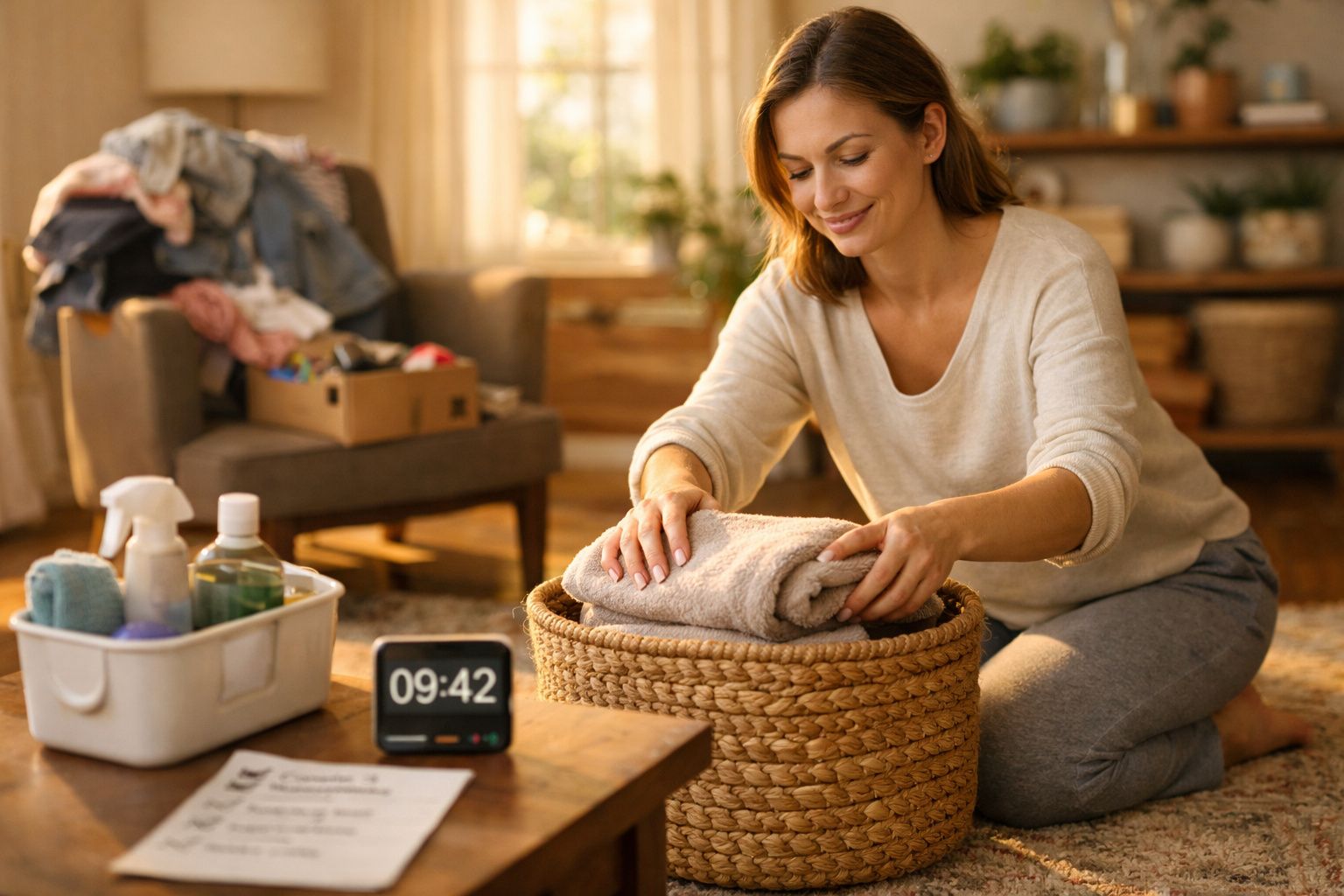 Mulher a dobrar toalhas e a colocar numa cesta de vime numa sala acolhedora e iluminada.