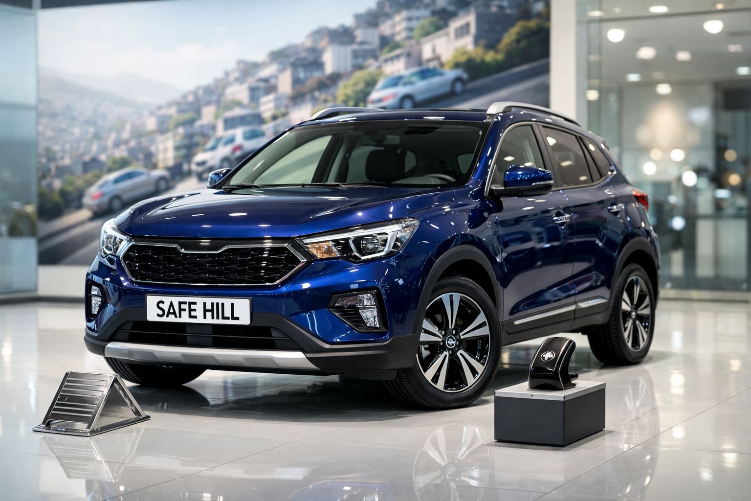 SUV azul brilhante exposto num showroom moderno com detalhes em preto e cinzento.