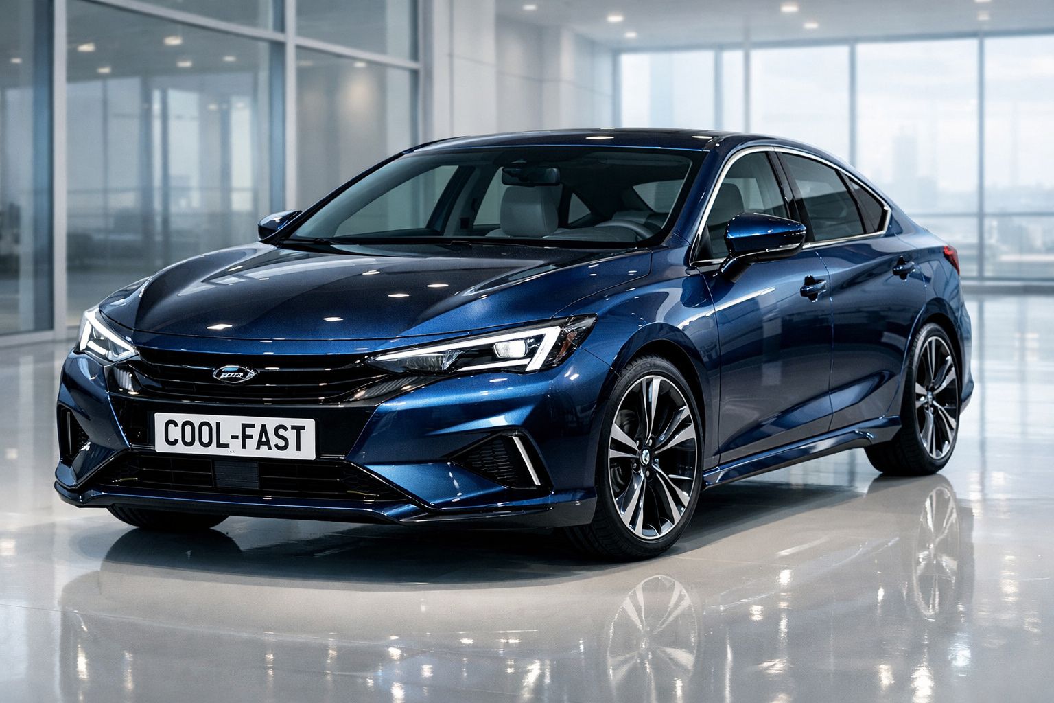 Automóvel sedan azul metálico estacionado em interior moderno com janelas amplas e luz natural.