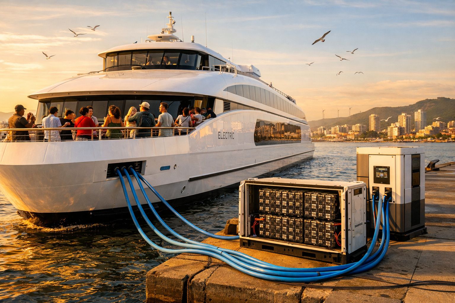 Iate elétrico atracado, ligado à estação de carregamento com pessoas a bordo e gaivotas a voar ao pôr do sol.