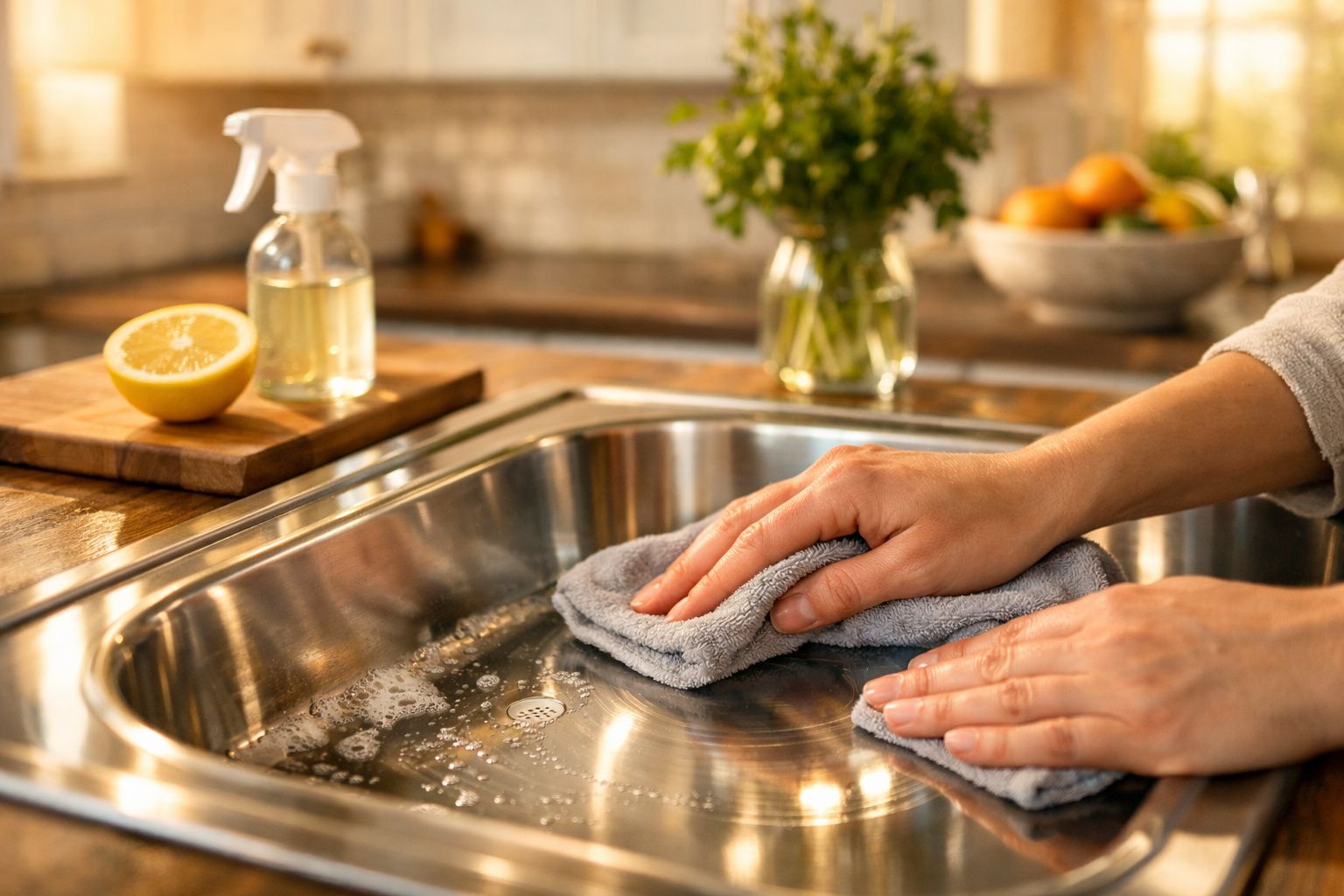 Mãos a limpar uma pia de inox com um pano cinzento, próximo de limão cortado e frasco de spray.