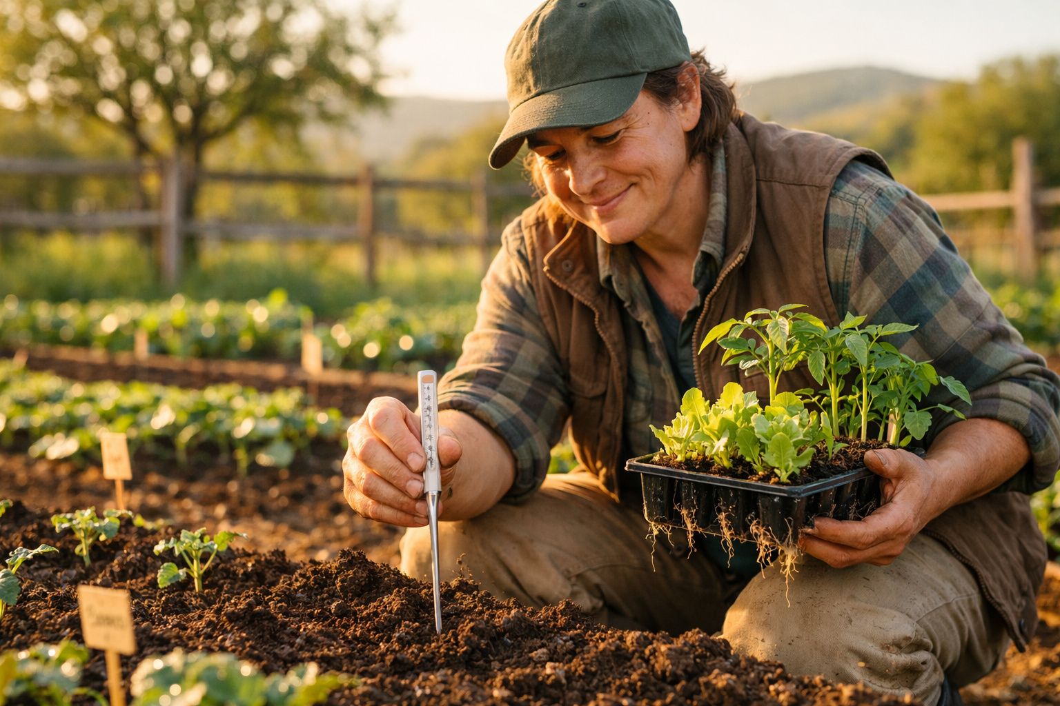 Mulher a medir a temperatura do solo enquanto segura muda de plantas num campo agrícola ao pôr do sol.