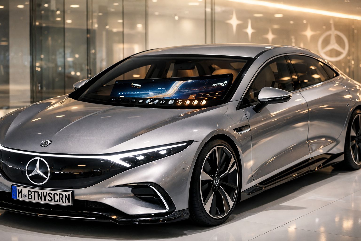 Carro elétrico Mercedes-Benz prata com design futurista e ecrã digital grande no tablier.