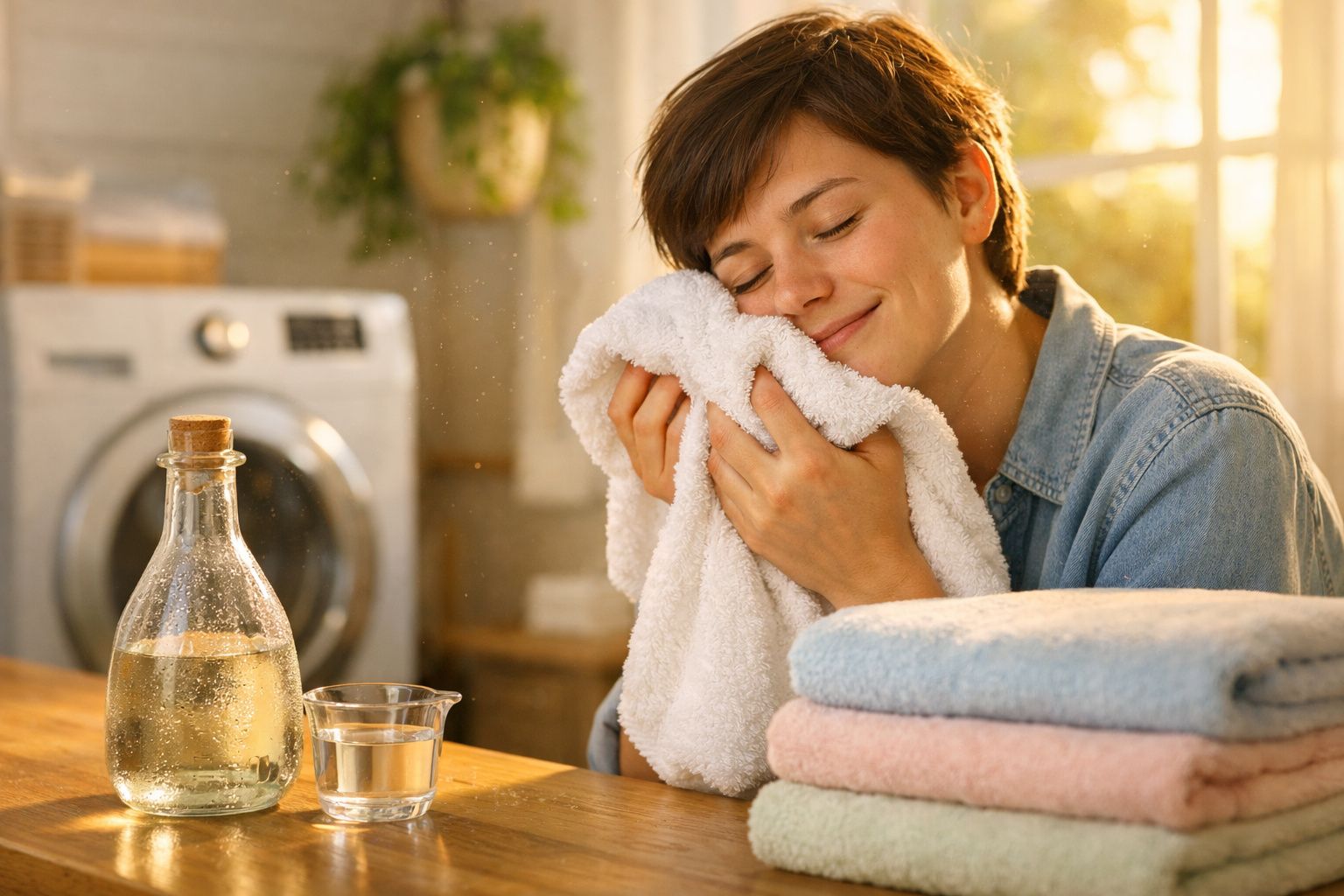 Mulher satisfeita cheira uma toalha branca macia, com pilha de toalhas dobradas e garrafa de água sobre mesa de madeira.