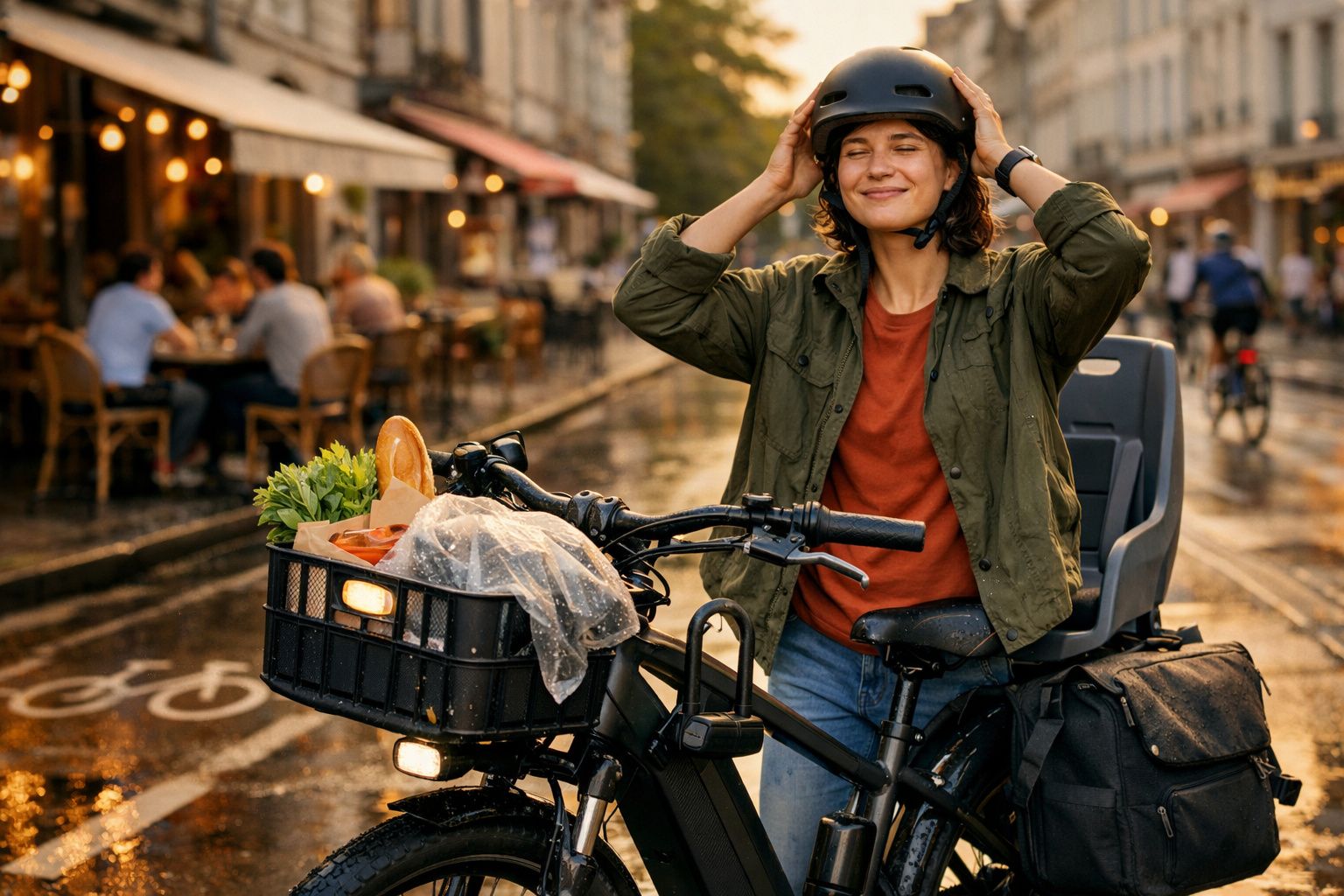 Mulher sorridente com capacete junto a bicicleta com cesta de compras numa rua de cidade ao final do dia.