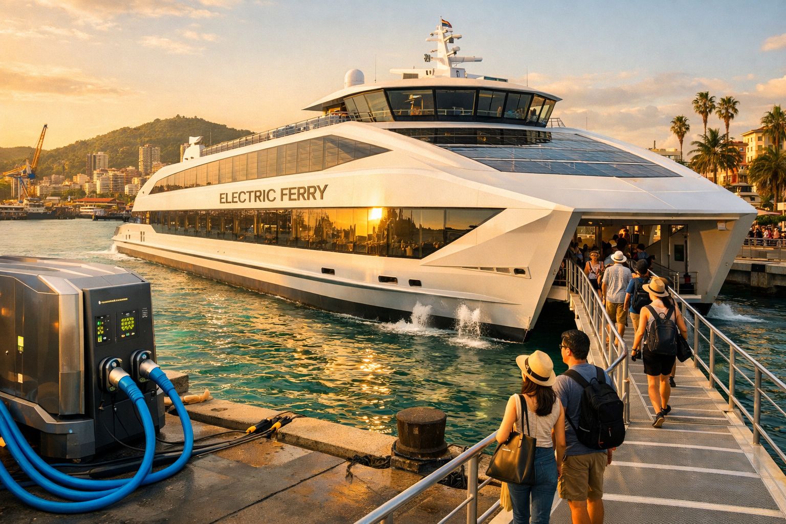 Passageiros embarcando num moderno ferry elétrico branco ao pôr do sol num porto urbano com colinas ao fundo.