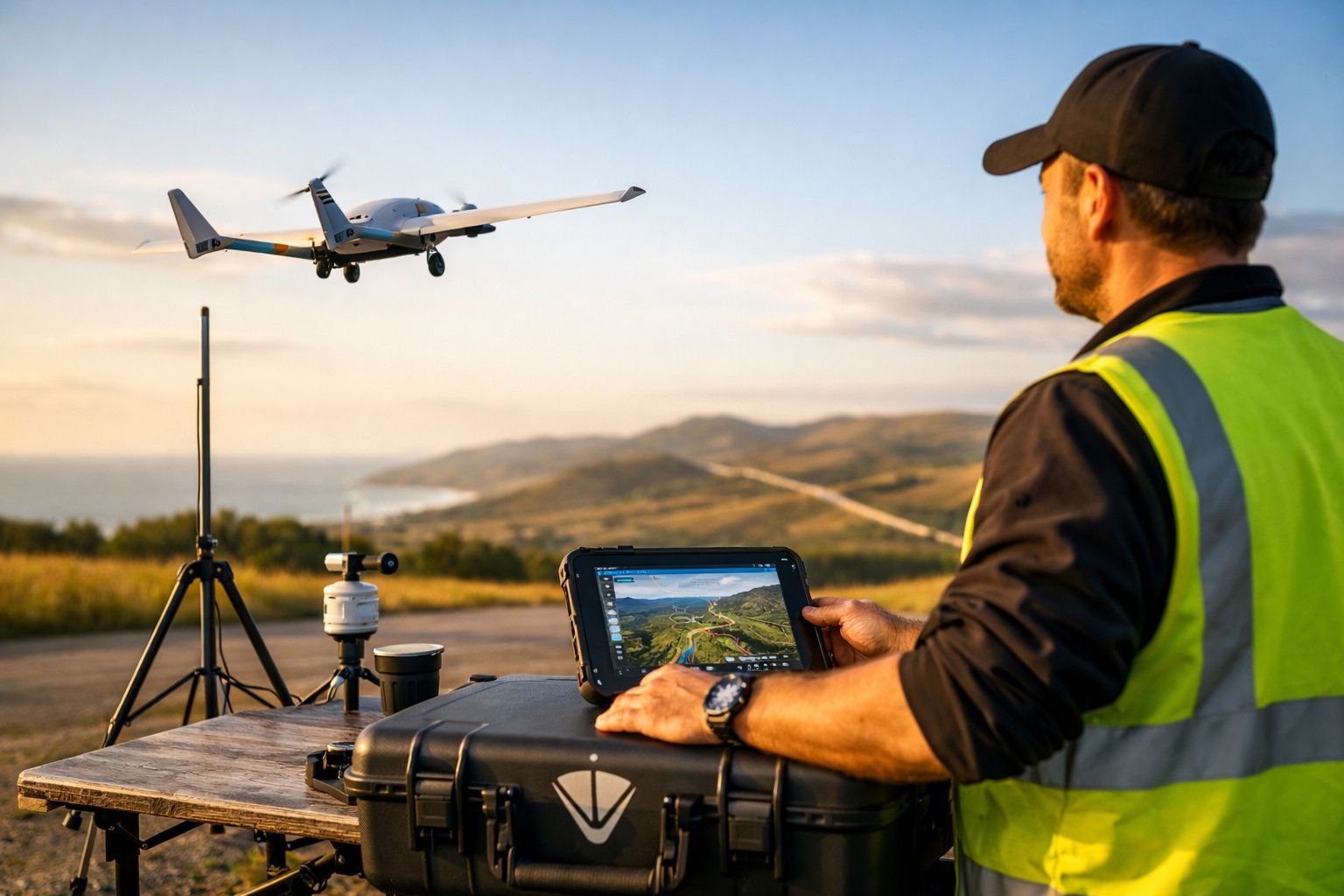 Homem a operar drone com tablet numa paisagem montanhosa ao pôr do sol.