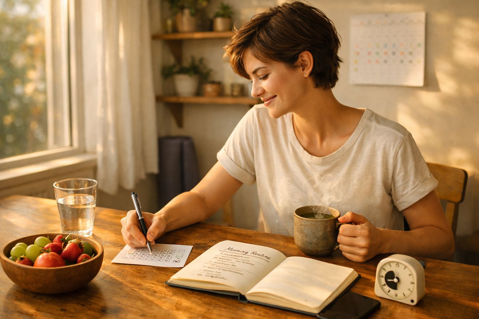 Mulher jovem sentada à mesa a beber chá e fazer palavras cruzadas em ambiente iluminado e acolhedor.