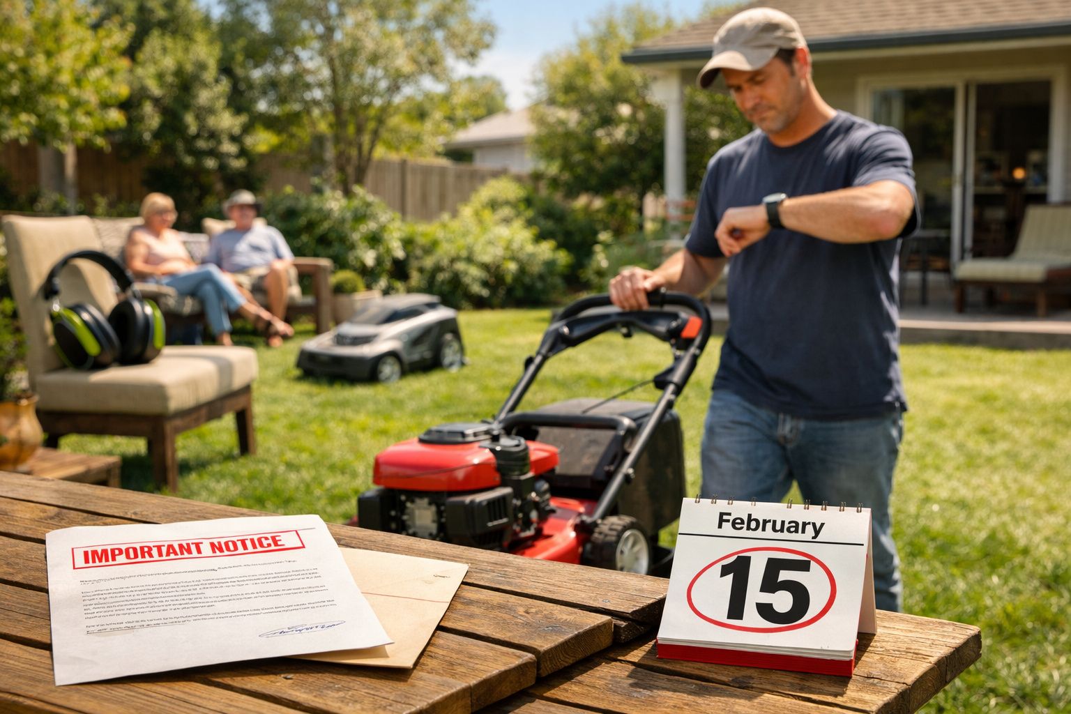 Homem a cortar relva no jardim, com calendário a 15 de fevereiro e aviso importante numa mesa de madeira.