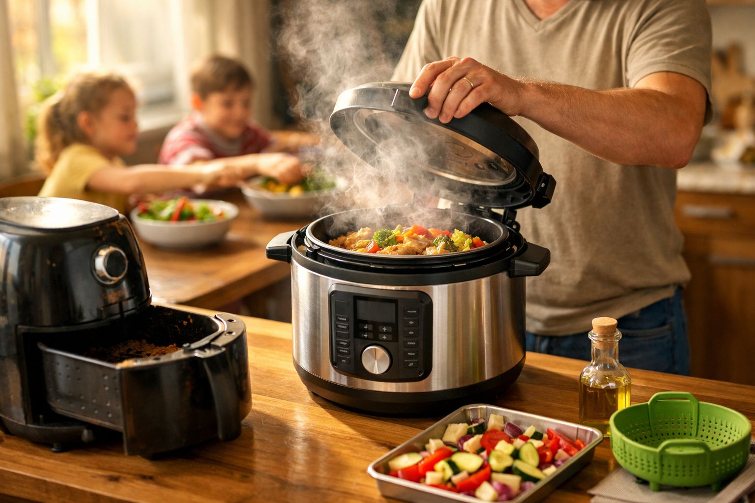 Pessoa a levantar a tampa de uma panela elétrica a vapor com refeições recém-cozinhadas, com duas crianças ao fundo.