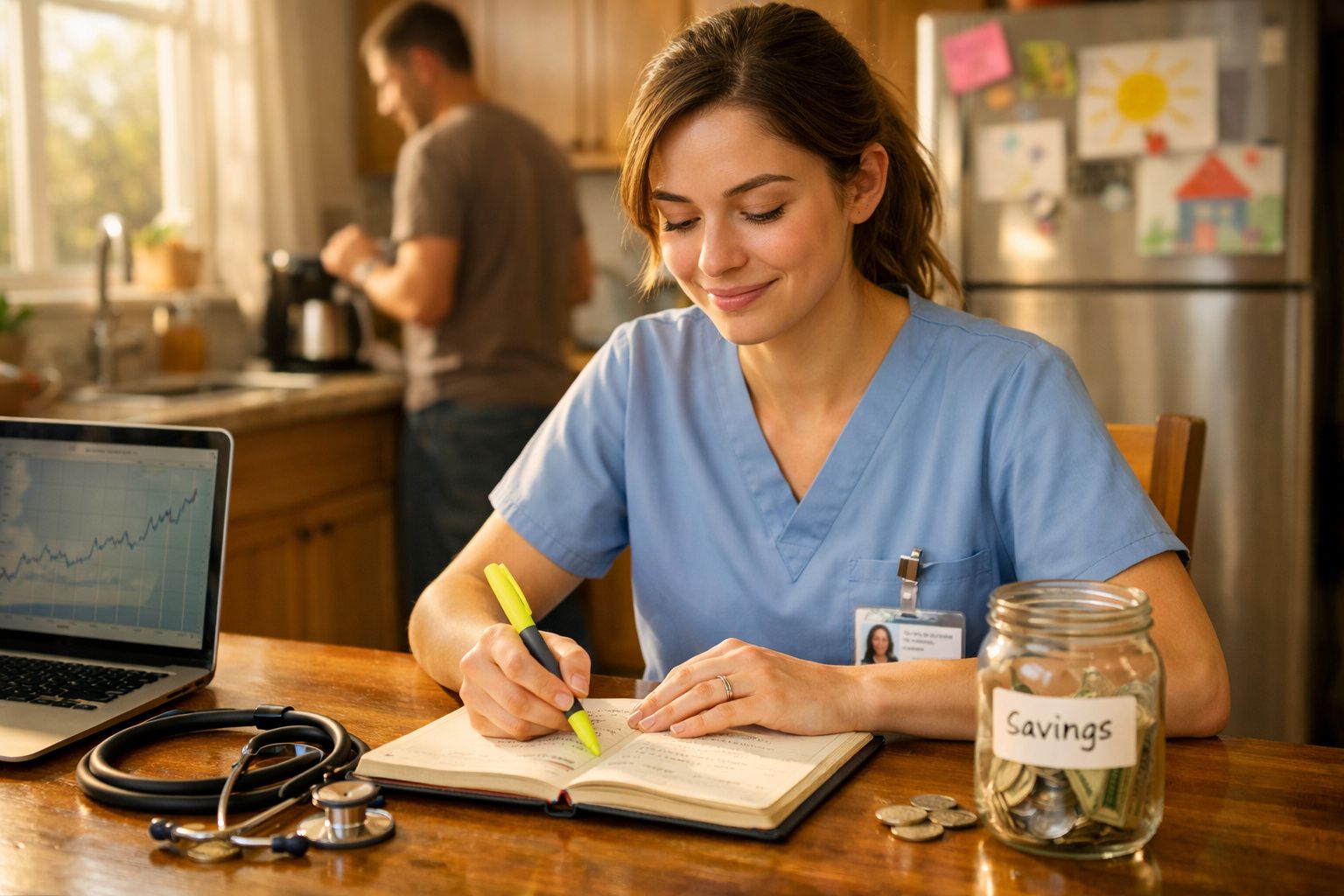 Mulher com um uniforme azul escreve num caderno com marcador amarelo numa mesa com jarro de moedas e laptop.