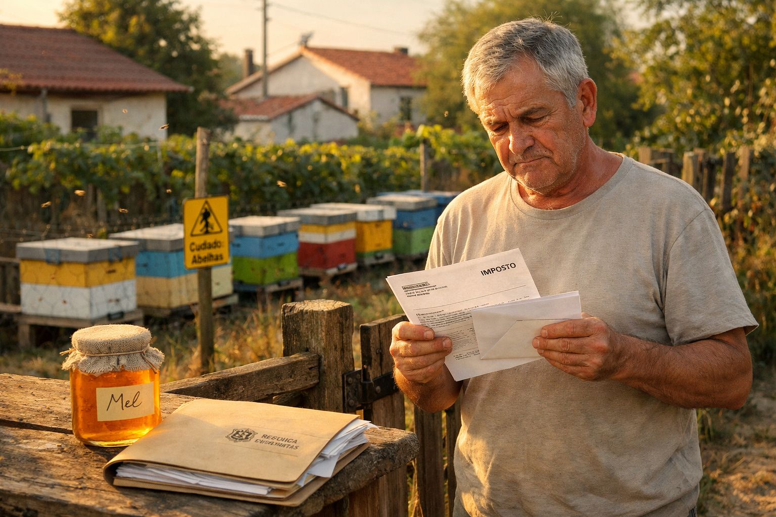 Homem idoso lê carta de imposto num apiário com colmeias coloridas ao fundo e frasco de mel na mesa.
